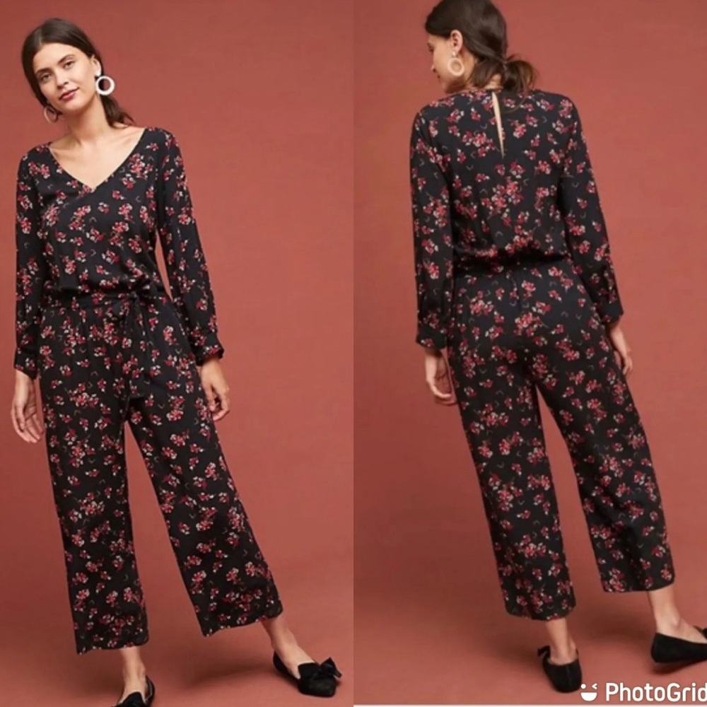 Velvet Graham & Spencer For‎ Anthropologie Freddy Floral Black Red Jumpsuit M